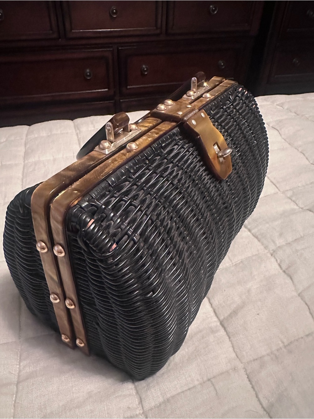 Vintage Black Wicker Purse With Lucite Accents